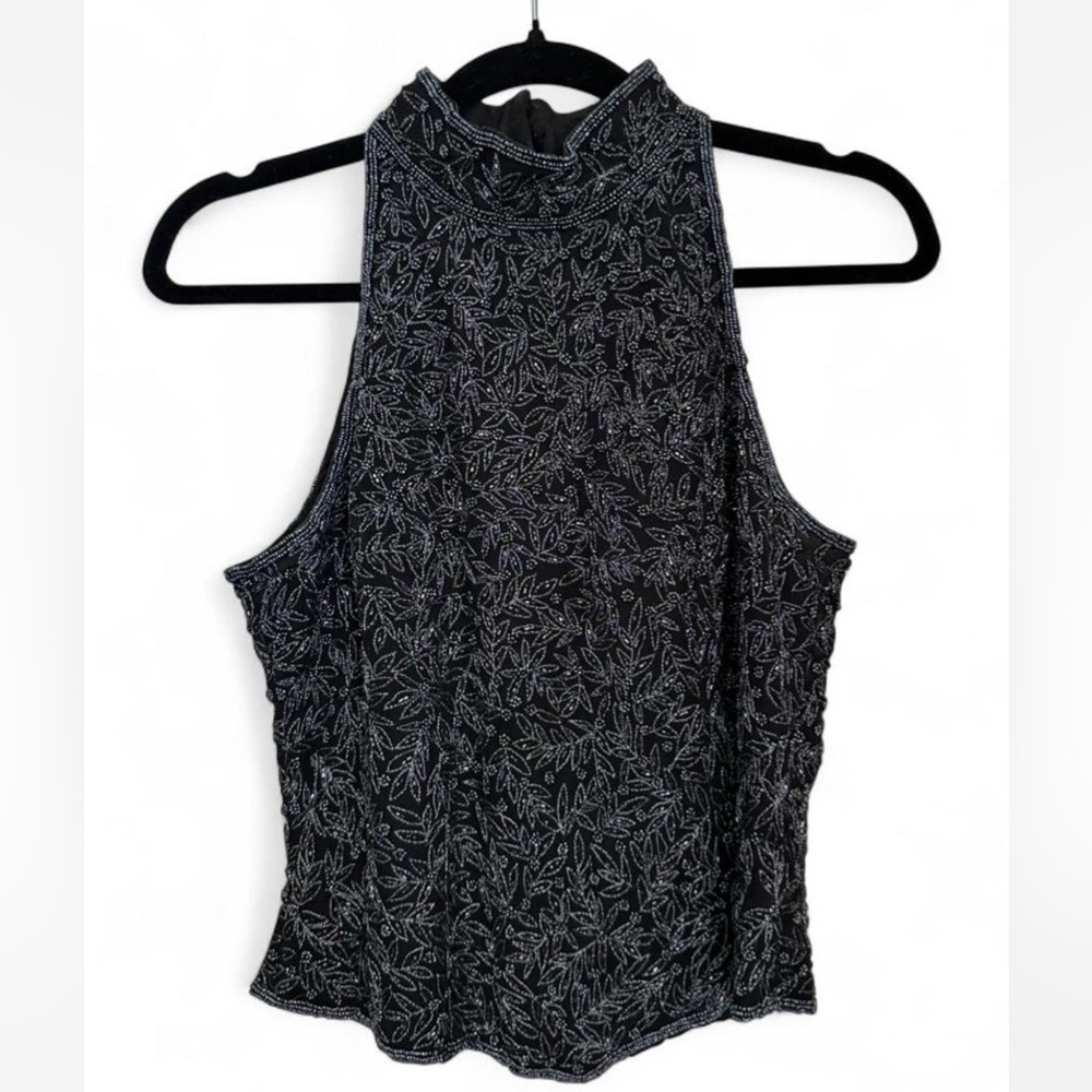 Vintage Papell Boutique Silk Black Beaded Halter Top with Touch of Glamour/Y2K